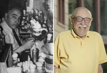 UC Davis geneticist Mel Green in his lab in 1967, and outside the future Green Hall, 2011. (UC Davis photos)