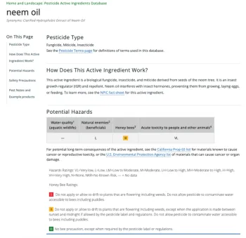 Information on the pesticide active ingredient neem oil. From the UC IPM Pesticide Active Ingredient Database.