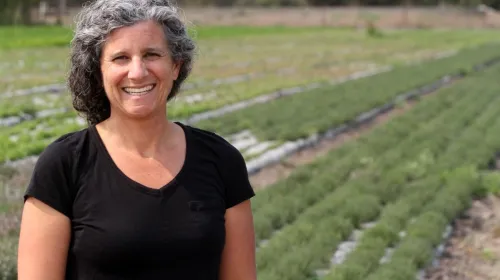 Emily Jane Freed smiles in a field of thyme at Jacobs Farm/del Cabo, Inc. in Santa Cruz County